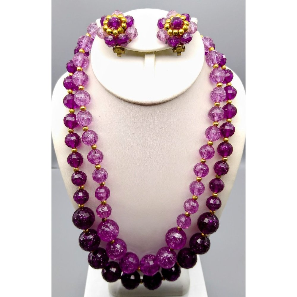 Vintage Sparkly Purple Parure, Faceted Double Strand Necklace and Matching Clip